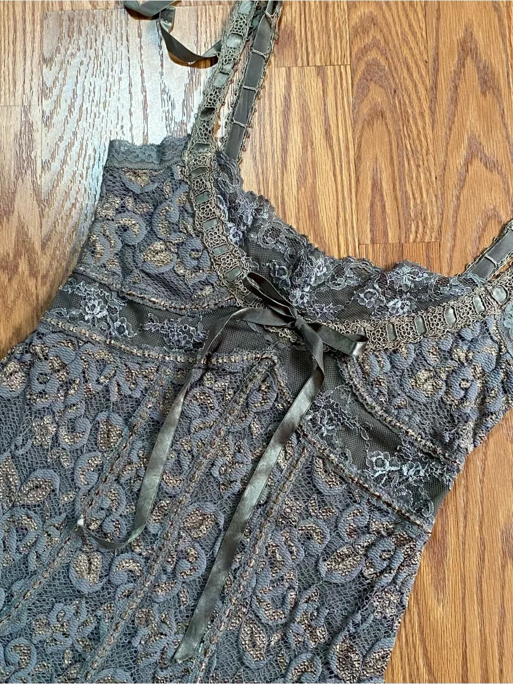 Deadstock 90s/Y2k Ann Ferriday Lace Ribbon Detail Cami Tank Top - Olive Green - Picture 5 of 10
